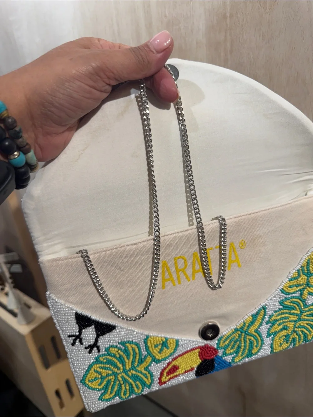 Aratta Beaded Toucan Envelope Clutch - White, Blue, Yellow, Green